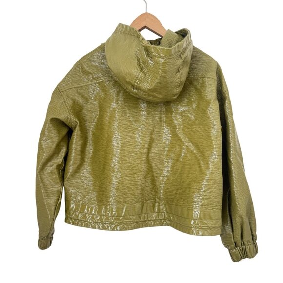 Narcissus Olive Green Faux Leather Hooded Jacket w/ Zip Closure & Drawstring Hem - Picture 2 of 12